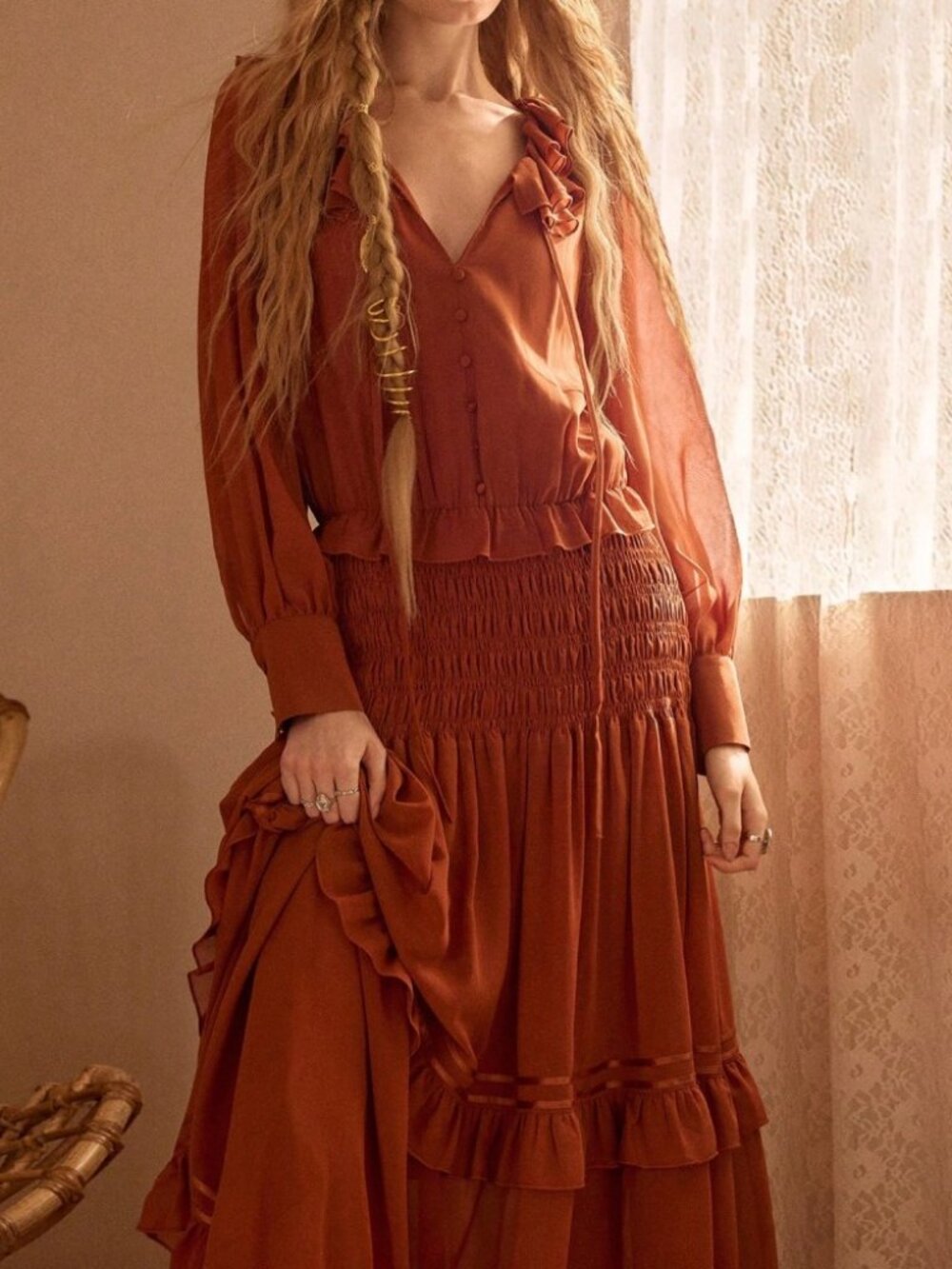 Rust Brown Ruffle Collar Smocked Maxi Dress - Picture 6 of 7